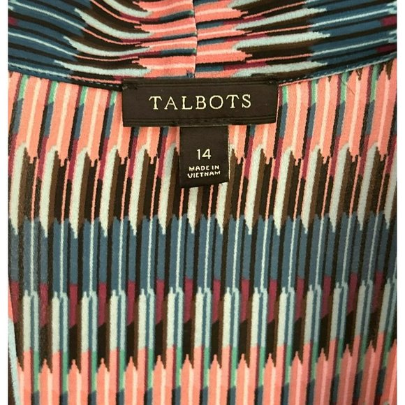 Talbots Women's Geometric V Neck Blouse Size 14 Long Sleeve Snap Closure Pink - Picture 2 of 3